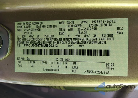 2021 Ford Escape Se from USA, damaged, VIN 1FMCU0G67MUB00313